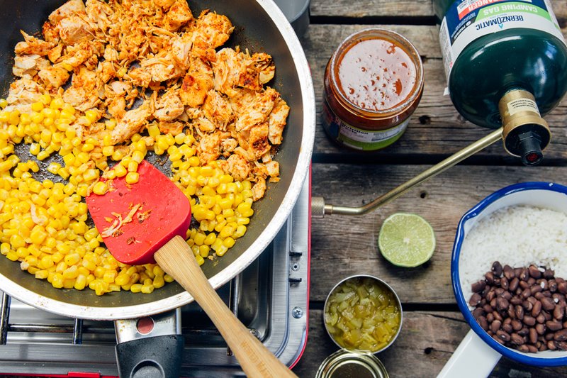 Burrito ingredients in skillet